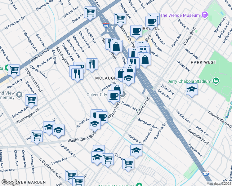 map of restaurants, bars, coffee shops, grocery stores, and more near 4128 Bledsoe Avenue in Los Angeles