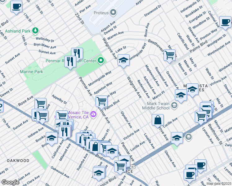 map of restaurants, bars, coffee shops, grocery stores, and more near 1316 Preston Way in Los Angeles
