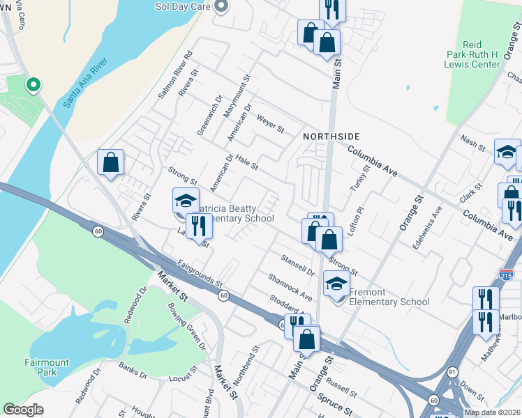 map of restaurants, bars, coffee shops, grocery stores, and more near 4031 Cey Court in Riverside