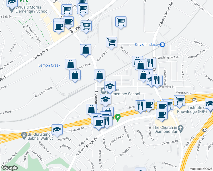 map of restaurants, bars, coffee shops, grocery stores, and more near 20739 Lycoming Street in Walnut