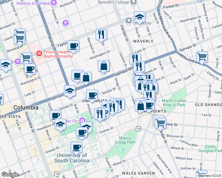 map of restaurants, bars, coffee shops, grocery stores, and more near 1829 Senate Street in Columbia