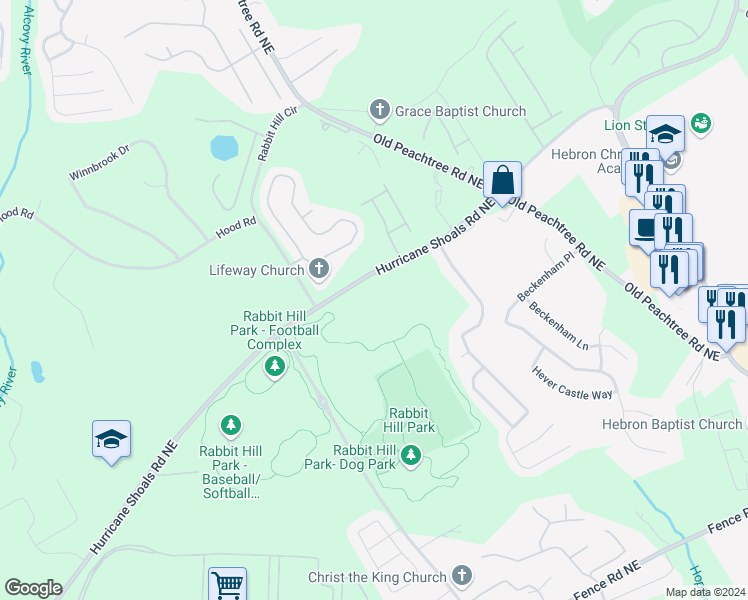 map of restaurants, bars, coffee shops, grocery stores, and more near 2050 Hurricane Shoals Road Northeast in Dacula