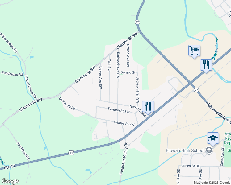 map of restaurants, bars, coffee shops, grocery stores, and more near 623 Rothrock Avenue Southwest in Attalla