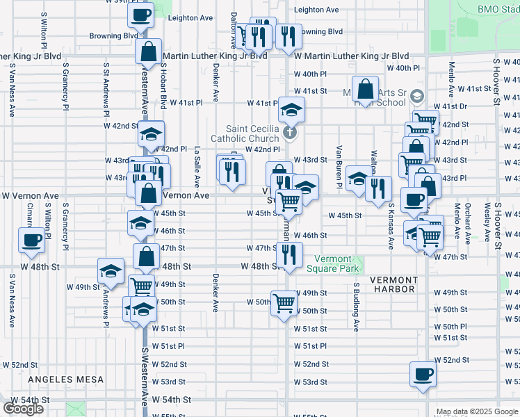 map of restaurants, bars, coffee shops, grocery stores, and more near 1449 West 45th Street in Los Angeles