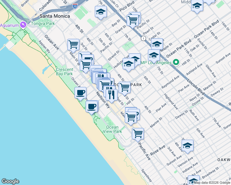 map of restaurants, bars, coffee shops, grocery stores, and more near 235 Ocean Park Boulevard in Santa Monica