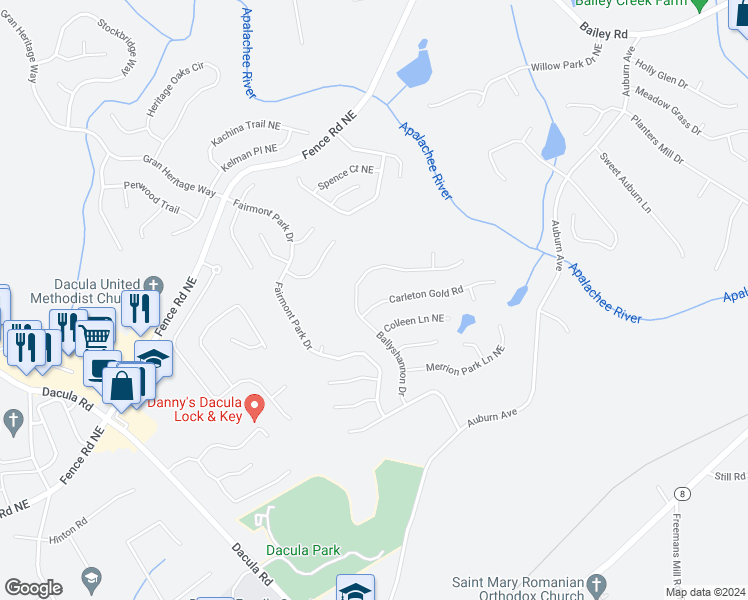 map of restaurants, bars, coffee shops, grocery stores, and more near 2522 Carleton Gold Road in Dacula