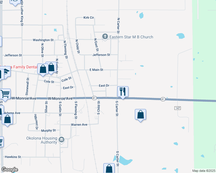 map of restaurants, bars, coffee shops, grocery stores, and more near 301 East Drive in Okolona