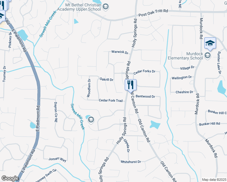 map of restaurants, bars, coffee shops, grocery stores, and more near 2201 Spear Point Drive in Marietta