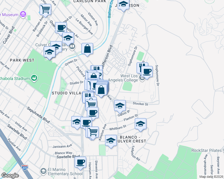 map of restaurants, bars, coffee shops, grocery stores, and more near 4939 Maytime Lane in Culver City