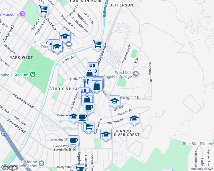 map of restaurants, bars, coffee shops, grocery stores, and more near 4944 Maytime Lane in Culver City