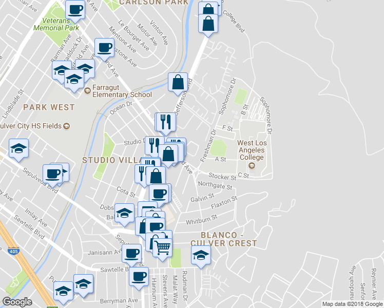 map of restaurants, bars, coffee shops, grocery stores, and more near 5124 Maytime Lane in Culver City