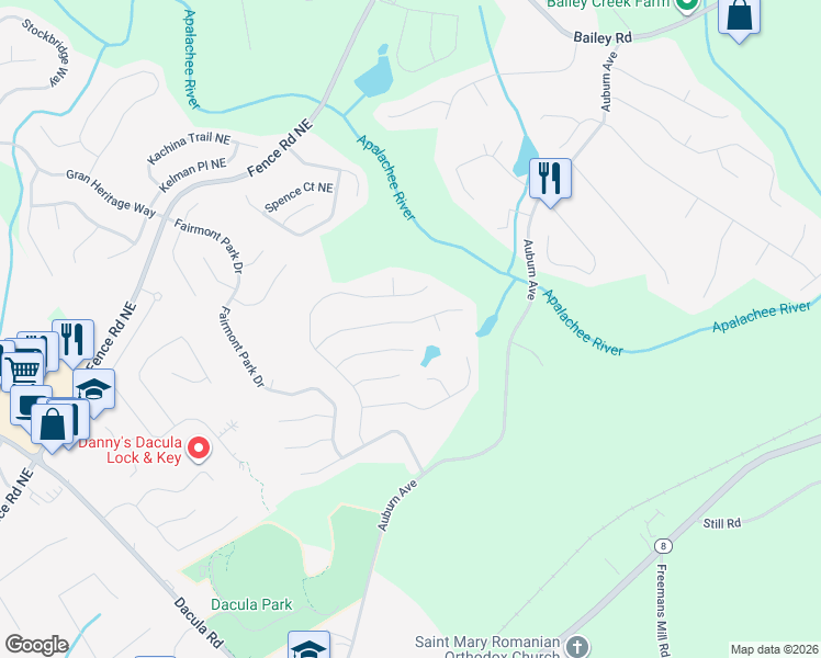 map of restaurants, bars, coffee shops, grocery stores, and more near 2643 Carleton Gold Road in Dacula