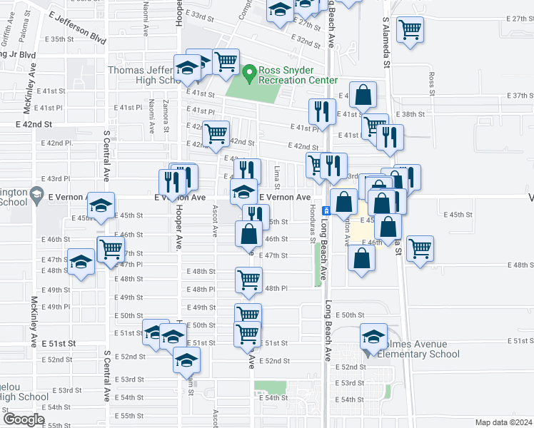 map of restaurants, bars, coffee shops, grocery stores, and more near 4427 Lima Street in Los Angeles