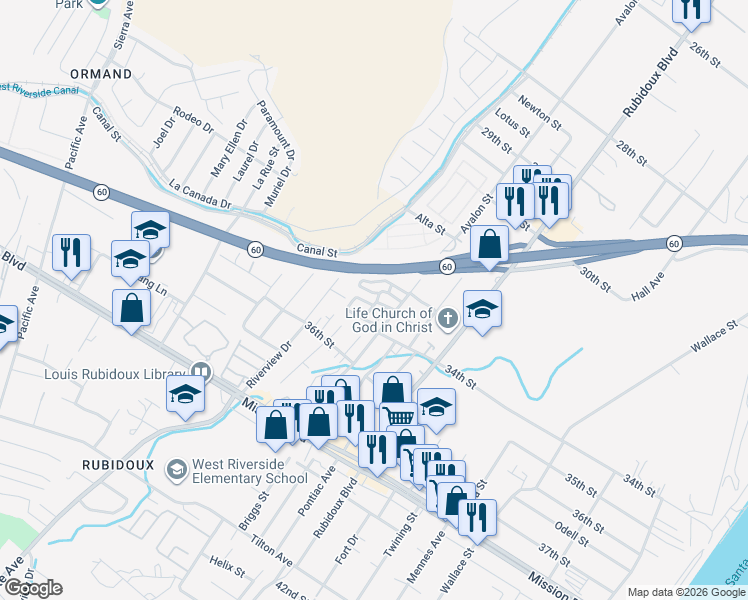 map of restaurants, bars, coffee shops, grocery stores, and more near 3330 Avalon Street in Riverside