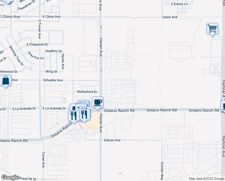 map of restaurants, bars, coffee shops, grocery stores, and more near 3885 South Oasis Paseo in Ontario