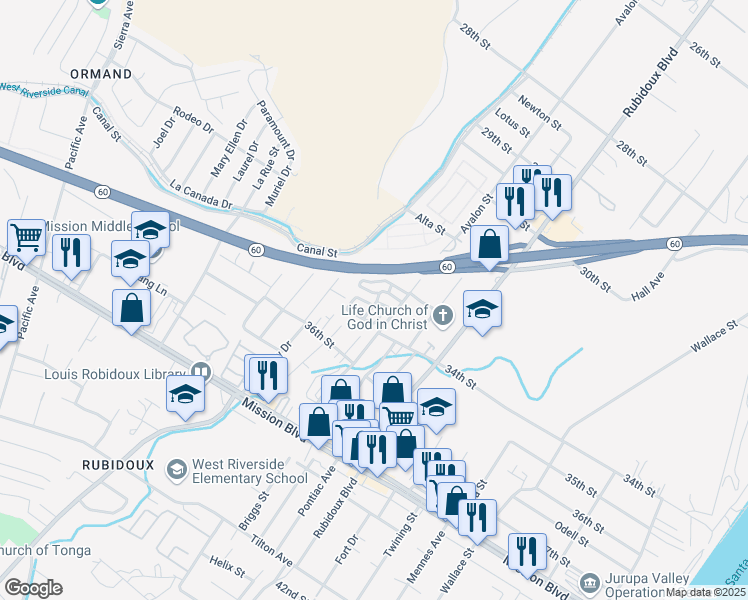 map of restaurants, bars, coffee shops, grocery stores, and more near in Jurupa Valley