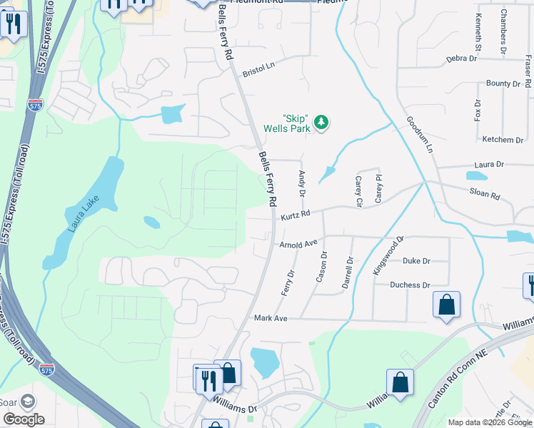 map of restaurants, bars, coffee shops, grocery stores, and more near 2115 Bells Ferry Road in Marietta