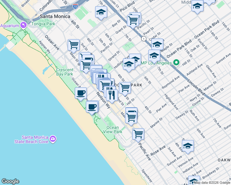 map of restaurants, bars, coffee shops, grocery stores, and more near 235 Ocean Park Boulevard in Santa Monica