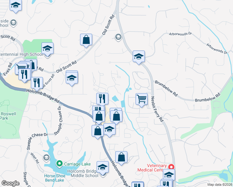 map of restaurants, bars, coffee shops, grocery stores, and more near 205 Belmont Drive in Alpharetta