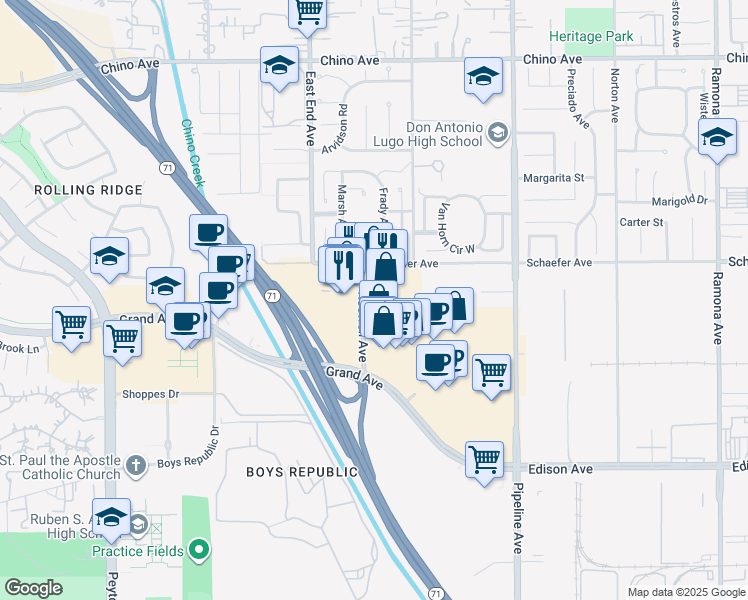 map of restaurants, bars, coffee shops, grocery stores, and more near 13721 Roswell Avenue in Chino