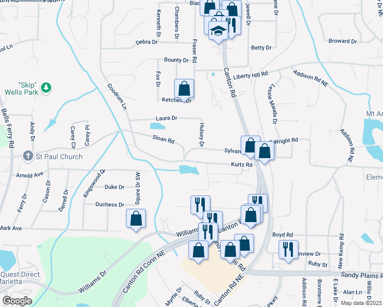 map of restaurants, bars, coffee shops, grocery stores, and more near 703 Sylvan Drive in Marietta