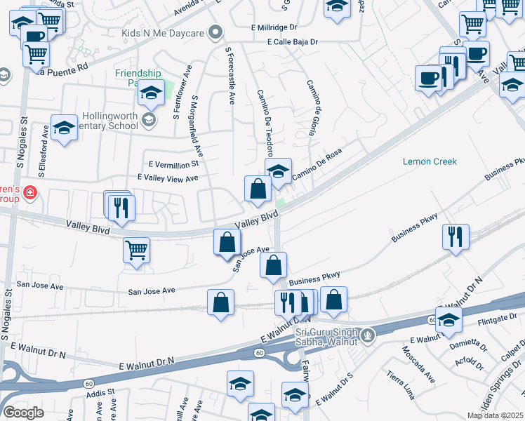 map of restaurants, bars, coffee shops, grocery stores, and more near 19665 Valley Boulevard in Walnut