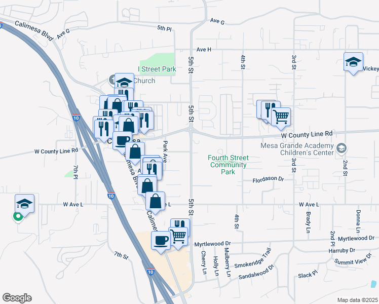 map of restaurants, bars, coffee shops, grocery stores, and more near 520 Erwin Street in Calimesa