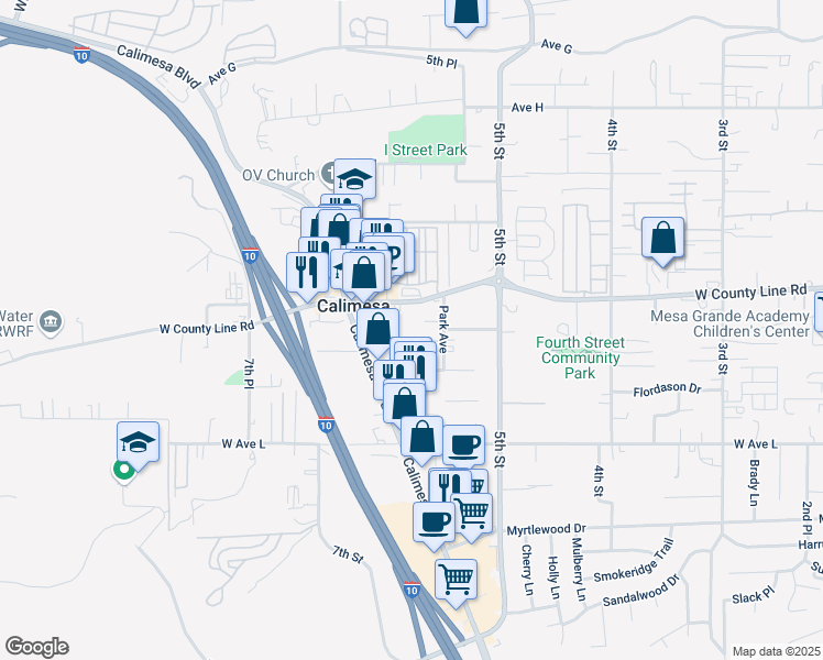 map of restaurants, bars, coffee shops, grocery stores, and more near 915 Avenue B in Calimesa
