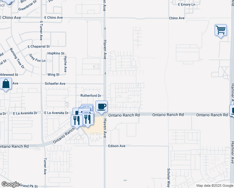 map of restaurants, bars, coffee shops, grocery stores, and more near 3885 South Oasis Paseo in Ontario