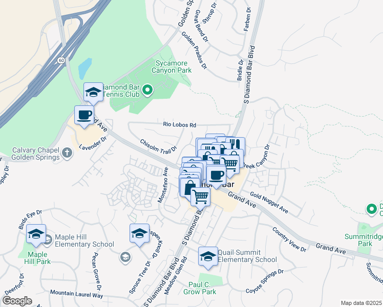 map of restaurants, bars, coffee shops, grocery stores, and more near 1038 Grand Avenue in Diamond Bar