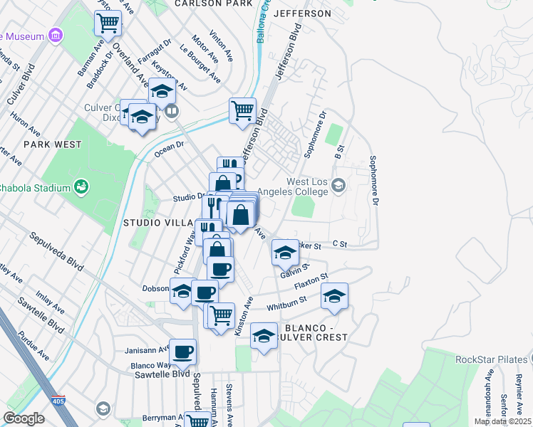 map of restaurants, bars, coffee shops, grocery stores, and more near 14309 Summertime Lane in Culver City