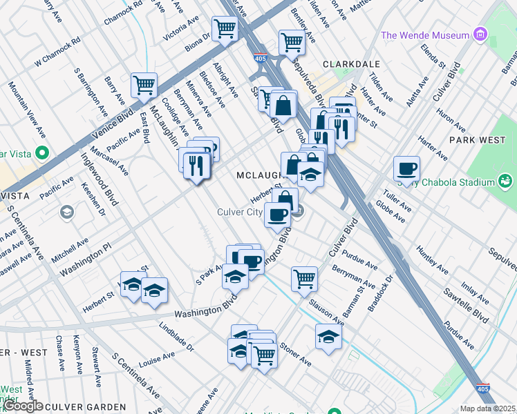 map of restaurants, bars, coffee shops, grocery stores, and more near 4105 Minerva Avenue in Los Angeles