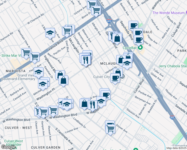 map of restaurants, bars, coffee shops, grocery stores, and more near 4038 McLaughlin Avenue in Los Angeles