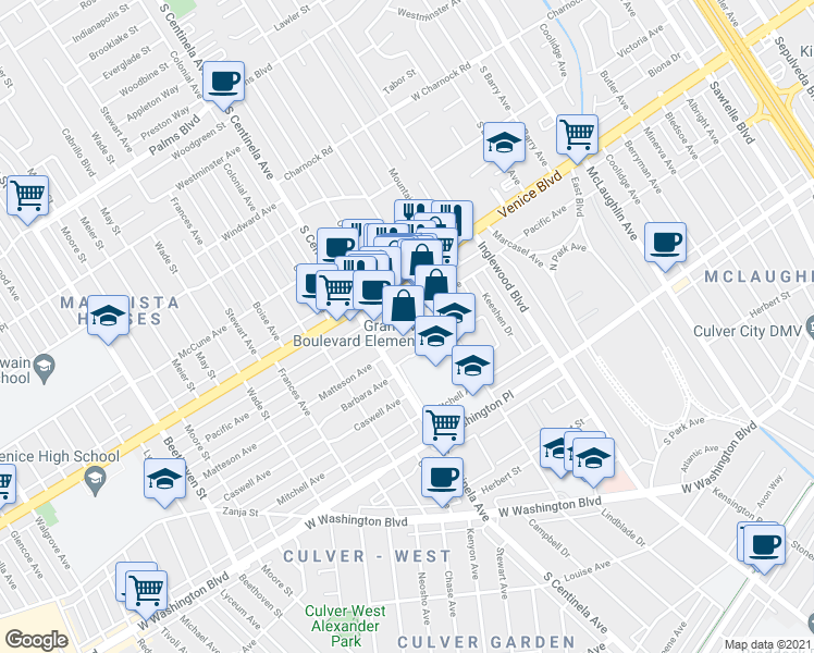 map of restaurants, bars, coffee shops, grocery stores, and more near 12218 Pacific Avenue in Los Angeles