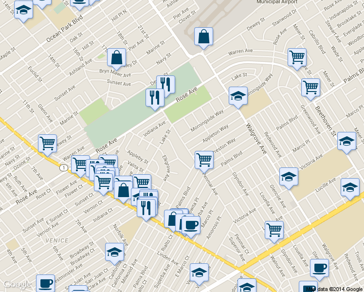 map of restaurants, bars, coffee shops, grocery stores, and more near 1533 Penmar Avenue in Los Angeles