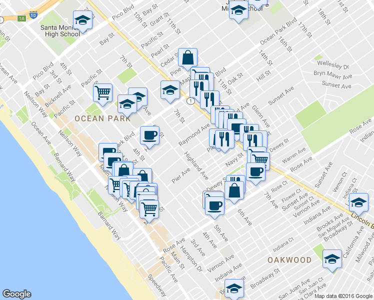 map of restaurants, bars, coffee shops, grocery stores, and more near 637 Ashland Avenue in Santa Monica