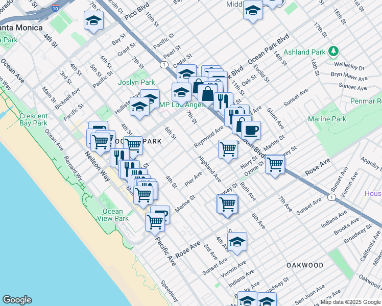 map of restaurants, bars, coffee shops, grocery stores, and more near 2727 6th Street in Santa Monica