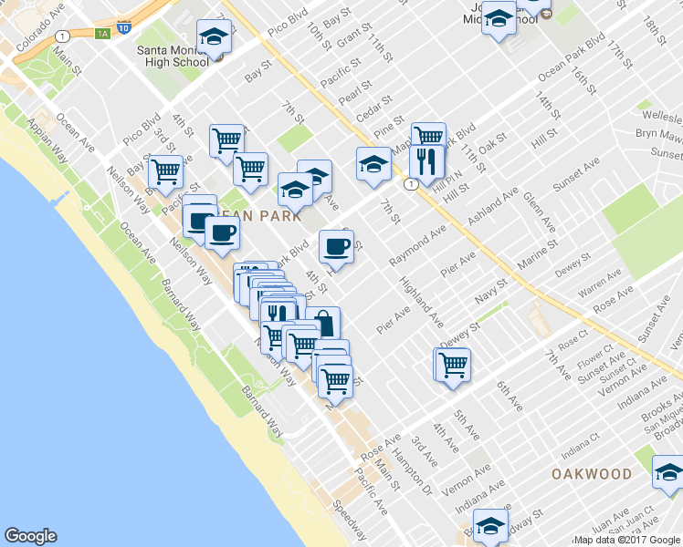 map of restaurants, bars, coffee shops, grocery stores, and more near 504 Hill Street in Santa Monica