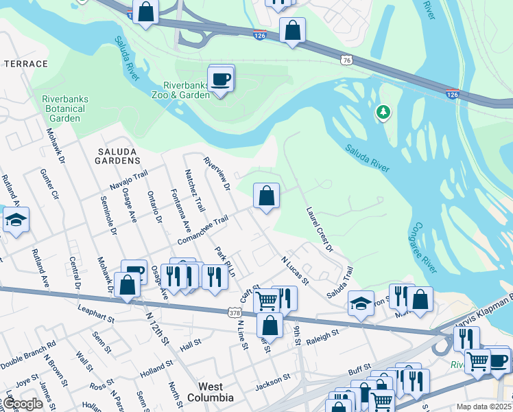 map of restaurants, bars, coffee shops, grocery stores, and more near 913A Comanchee Trail in West Columbia