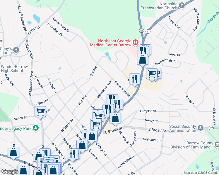 map of restaurants, bars, coffee shops, grocery stores, and more near 265 Woodlawn Avenue in Winder