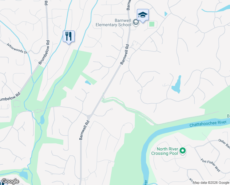 map of restaurants, bars, coffee shops, grocery stores, and more near 1050 Bedford Gardens Drive in Alpharetta