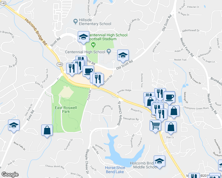map of restaurants, bars, coffee shops, grocery stores, and more near 2080 Abbey Road in Roswell