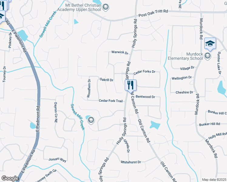 map of restaurants, bars, coffee shops, grocery stores, and more near 2201 Spear Point Drive in Marietta