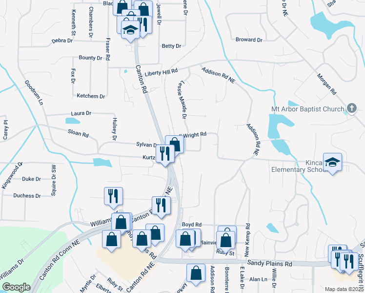 map of restaurants, bars, coffee shops, grocery stores, and more near Oland Circle in Cobb County