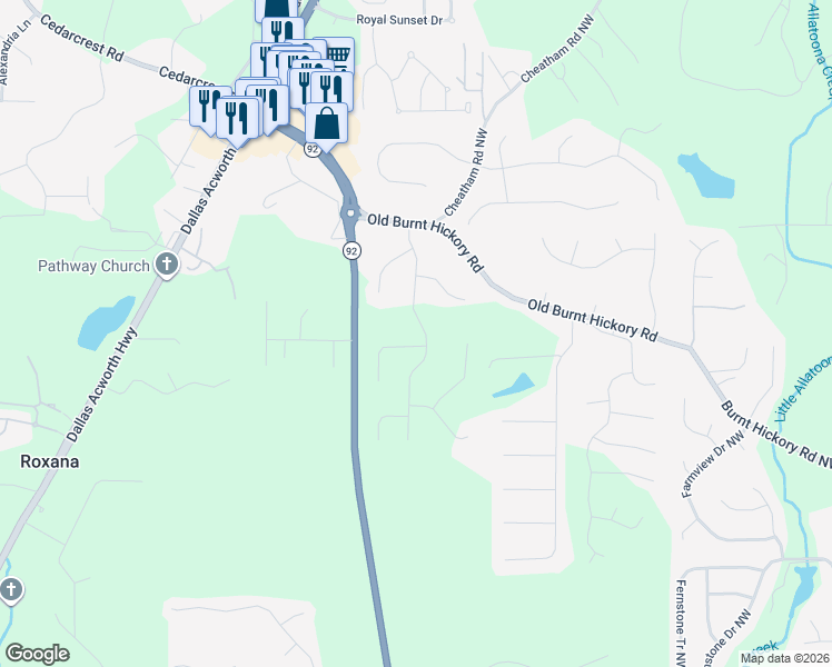 map of restaurants, bars, coffee shops, grocery stores, and more near 22 Fallow Lane in Acworth