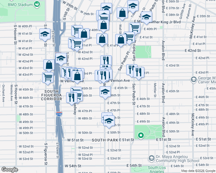 map of restaurants, bars, coffee shops, grocery stores, and more near 4410 South Main Street in Los Angeles