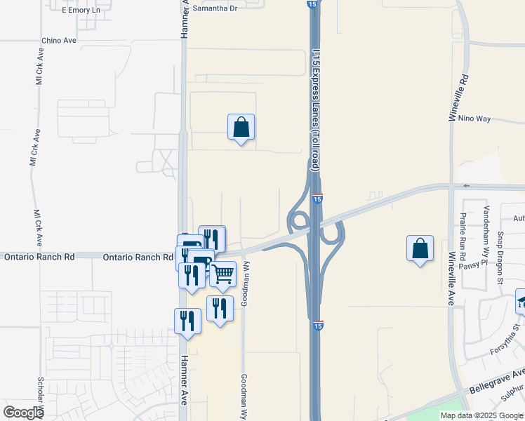 map of restaurants, bars, coffee shops, grocery stores, and more near 15640 Cantu-Galleano Ranch Road in Eastvale
