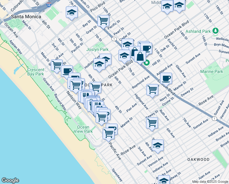 map of restaurants, bars, coffee shops, grocery stores, and more near 428 Hill Street in Santa Monica