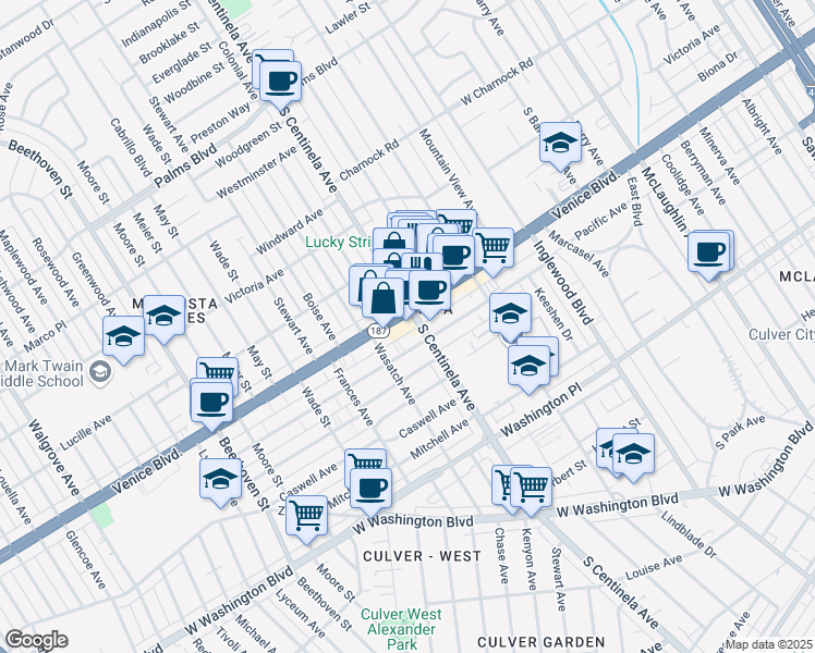 map of restaurants, bars, coffee shops, grocery stores, and more near 12404 Venice Boulevard in Los Angeles