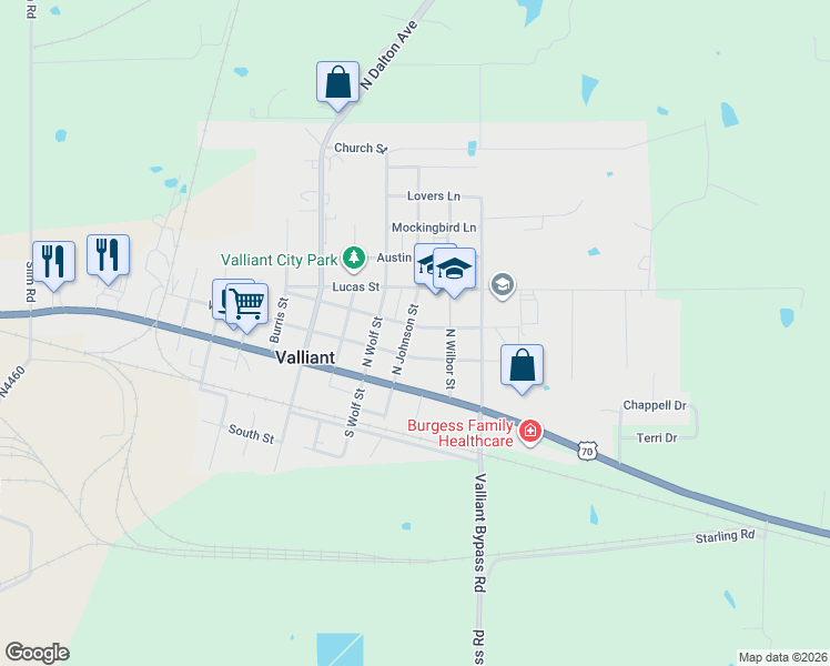 map of restaurants, bars, coffee shops, grocery stores, and more near 300 East Mosely Street in Valliant